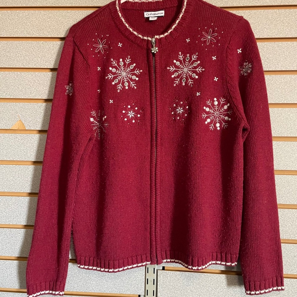 Croft & Barrow‎ Womens Petite Medium Burgundy Red Snowflake Zip Cardigan Sweater